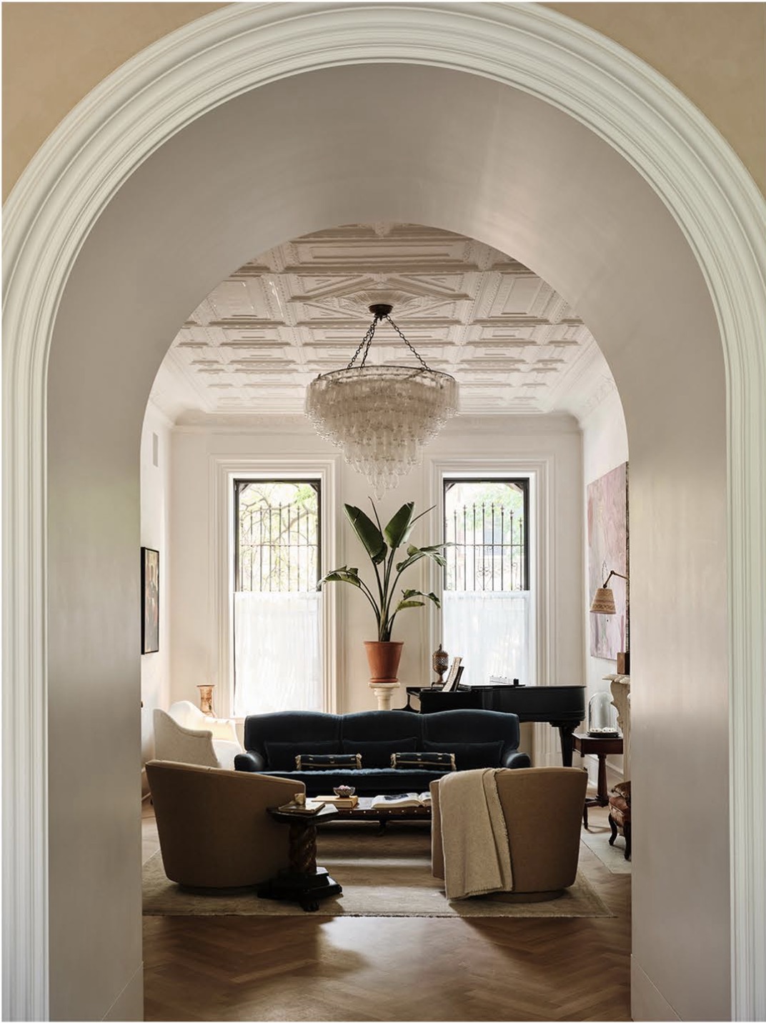 An inviting lounge styled with florals