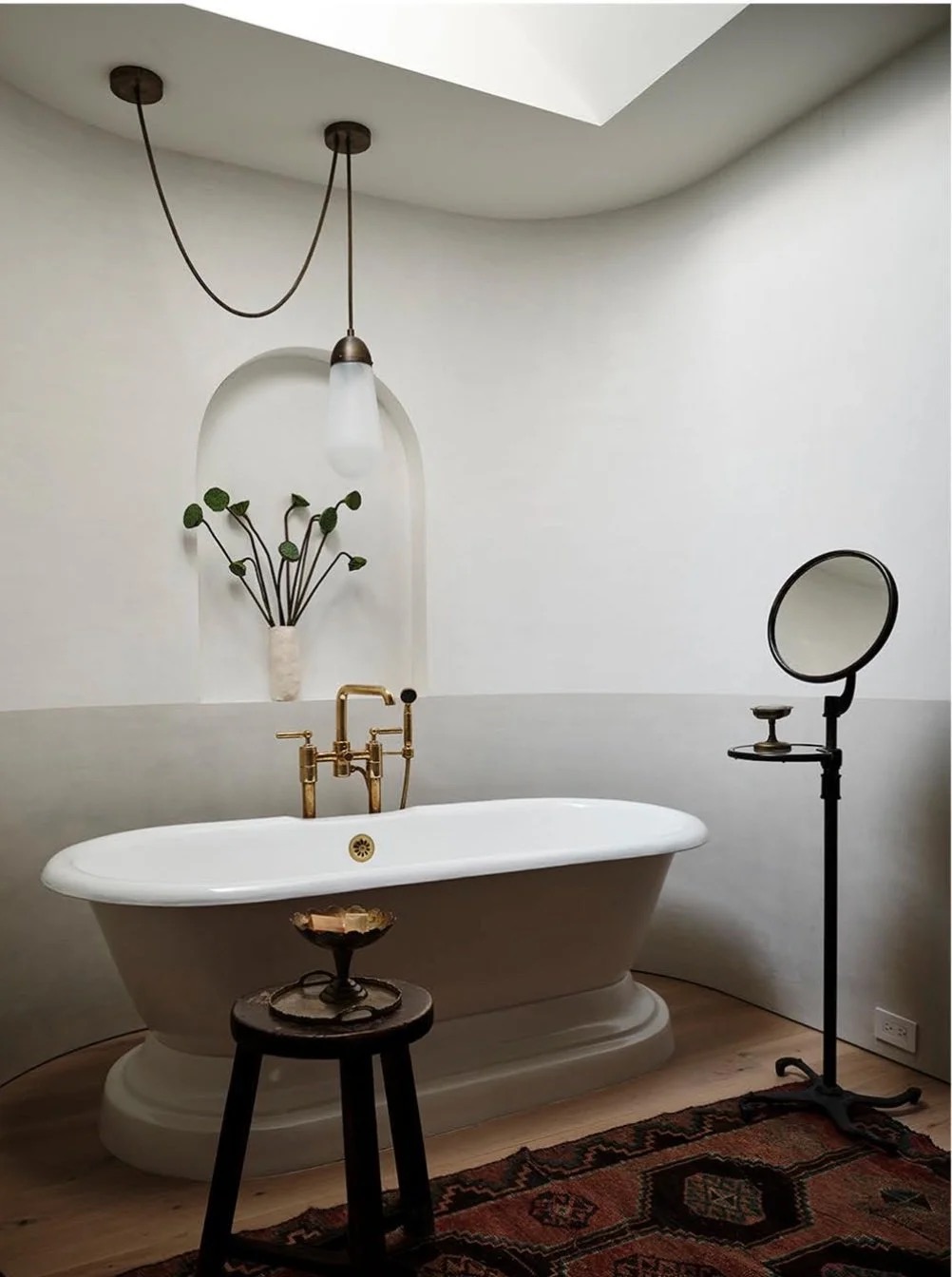 A bathroom that transports, layered with texture